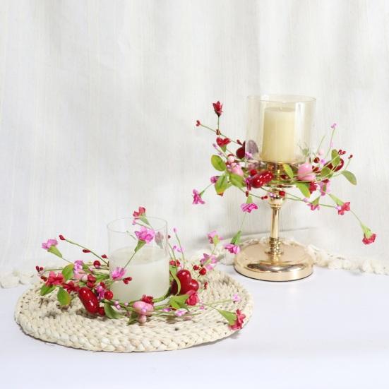 Walentynkowy Wieniec Pierścień na Świecę w Kształcie Serca Ręcznie Robiony Czerwony Różowy z Jagodami Dekoracja Stołu z Kwiatami na Romantyczną Kolację