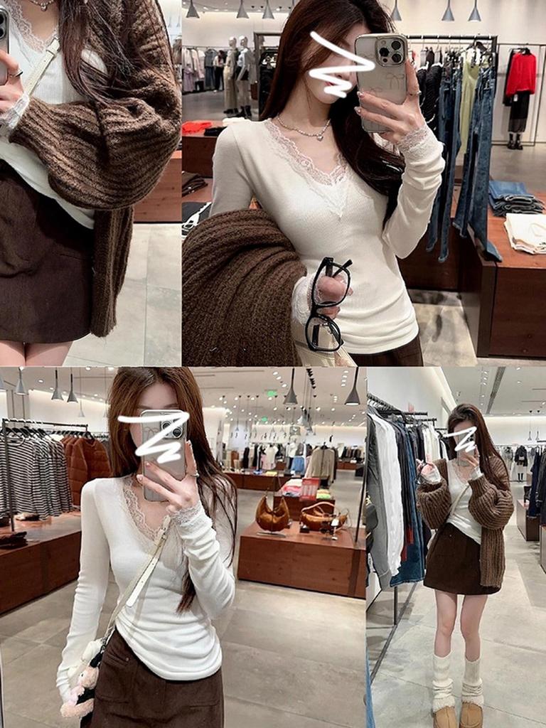 Women's Pure Desire Lace Patchwork V-Neck Slim Fit Long Sleeve Top for Autumn/Winter