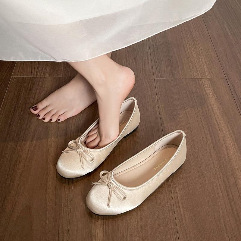 

Round-toed French Satin Single-shoe Women s Flat-bottomed Shallow Mouth Bow Soft-soled Ballet Shoes 43 синій