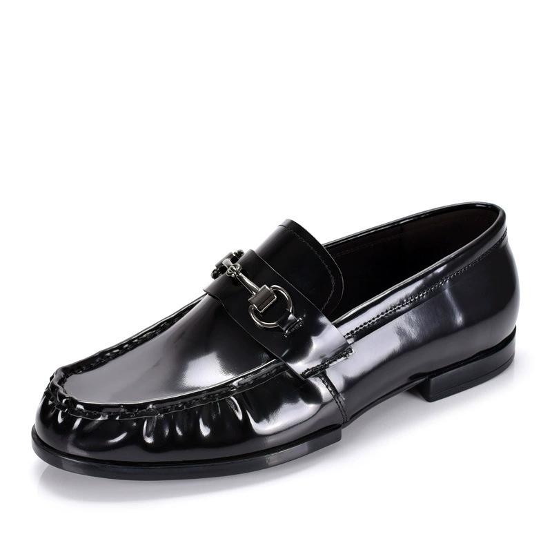 Fashion Black Genuine Leather Men's Shoes Loafers Pointed Toe British Design Horse Collar Buckle Lazy Patent Leather Dress Shoes