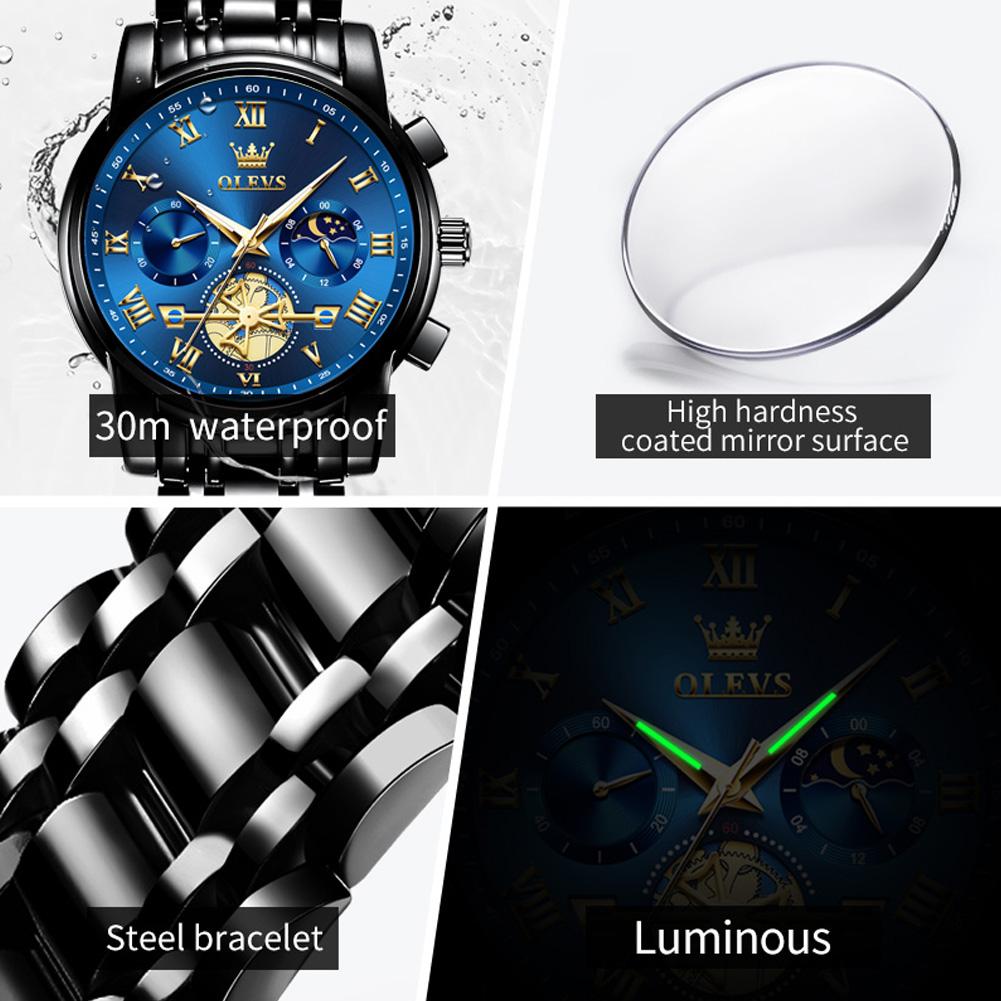OLEVS Top Original Quartz Men's Watches Classic Roman Scale Dial Moon Phase Waterproof Luminous Luxury Wrist Watch for Male