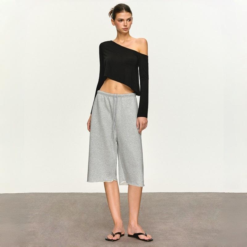 Wind diagonal collar diagonal shoulder T-shirt women's irregular off-the-shoulder Spice Girl style short slim-fitting long-sleeved top