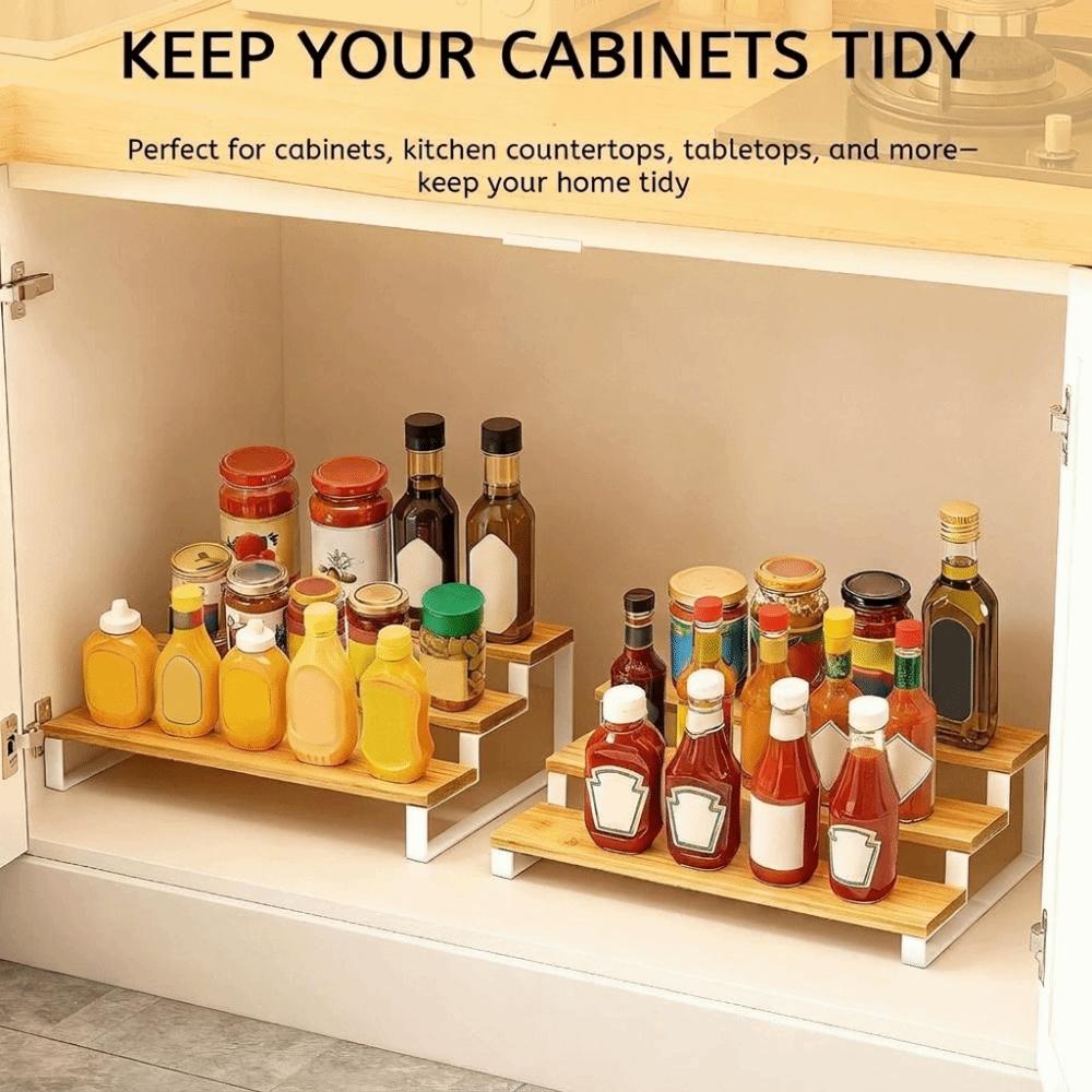 Large Capacity Expandable Step Storage Rack Bamboo Model Display Stand  For Kitchen