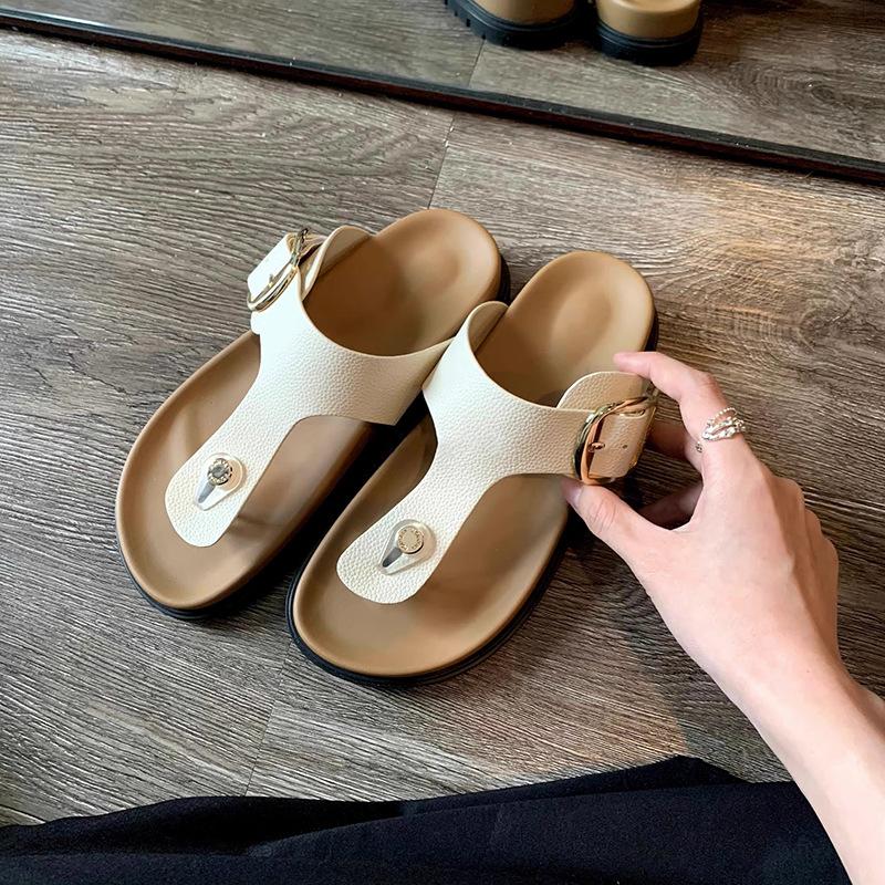Sheepskin simple thick-soled leather slippers women's summer wear flat-bottomed flip-flops casual cool slippers