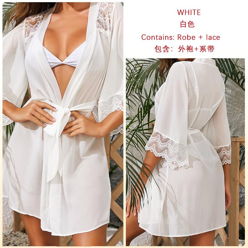 Sexy pajamas chiffon lace stitching perspective nightgown seduction, women s cardigan robe S
