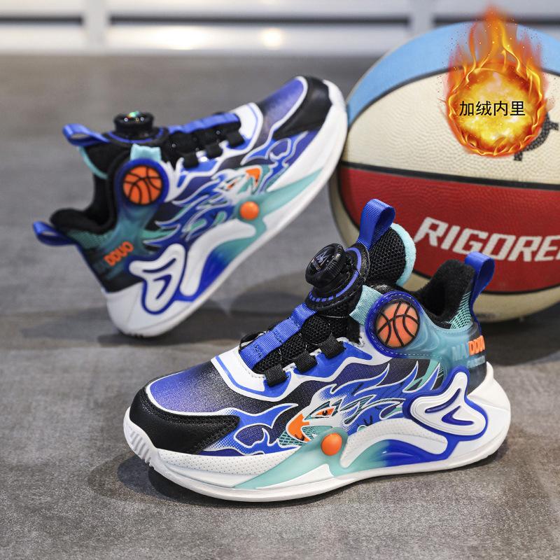 Autumn Middle and Older Children's New Rotating Velvet Boys' Shoes Buckle Children's Mesh Sports Shoes Basketball Shoes Cotton 2025