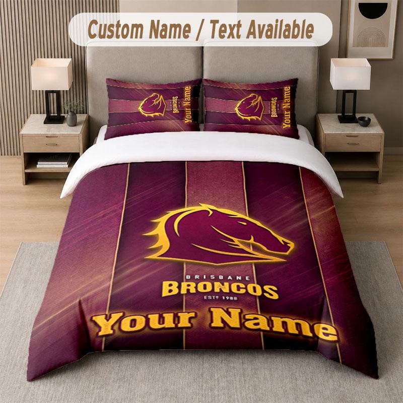 Custom Bedding Set Brisbane Broncos Pattern, Print Name Text 1 Duvet Cover Plus 2 Pillowcases Home Textile