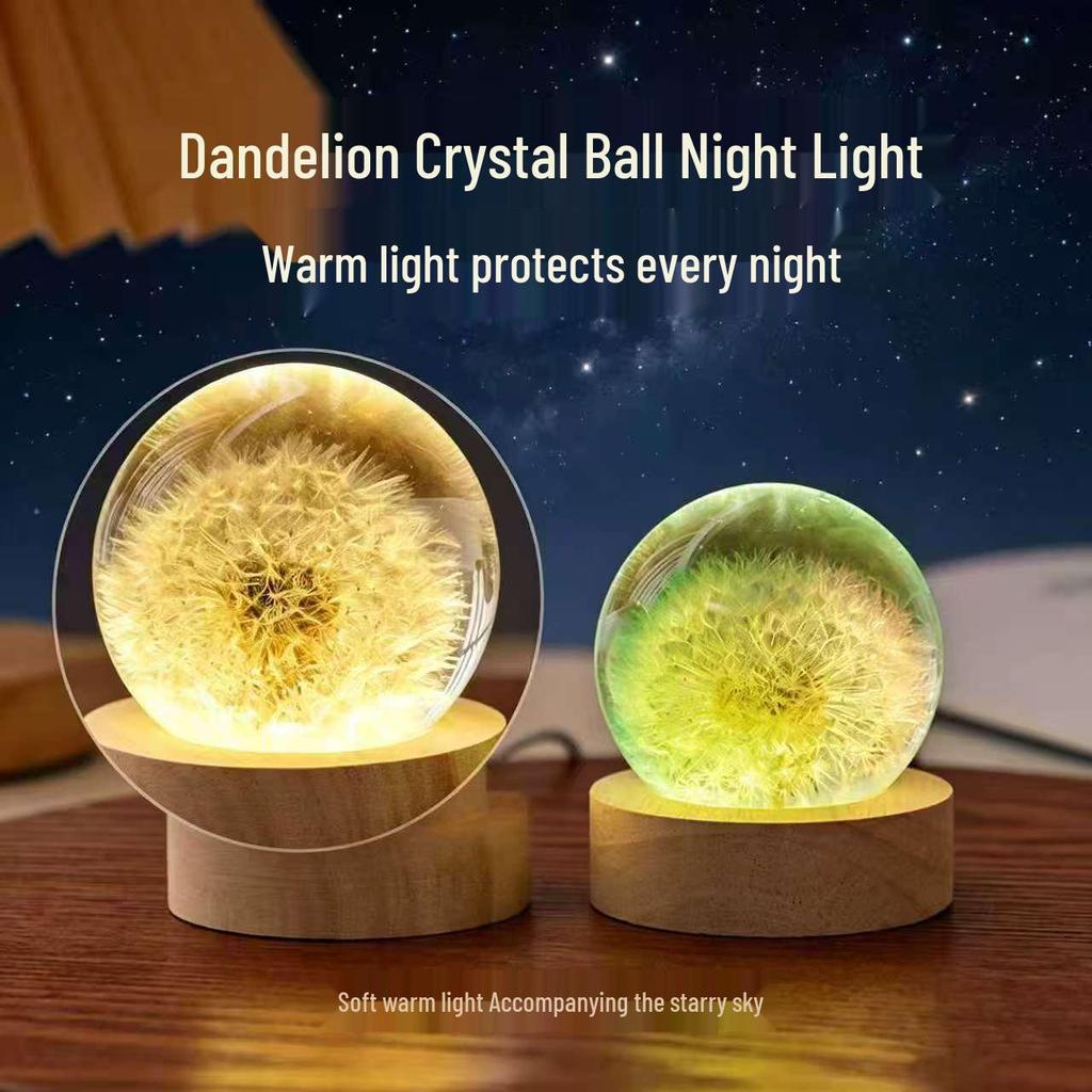 Dandelion Crystal Ball Night Light with Preserved Flower 3D Carving Luminous Resin Ornament.