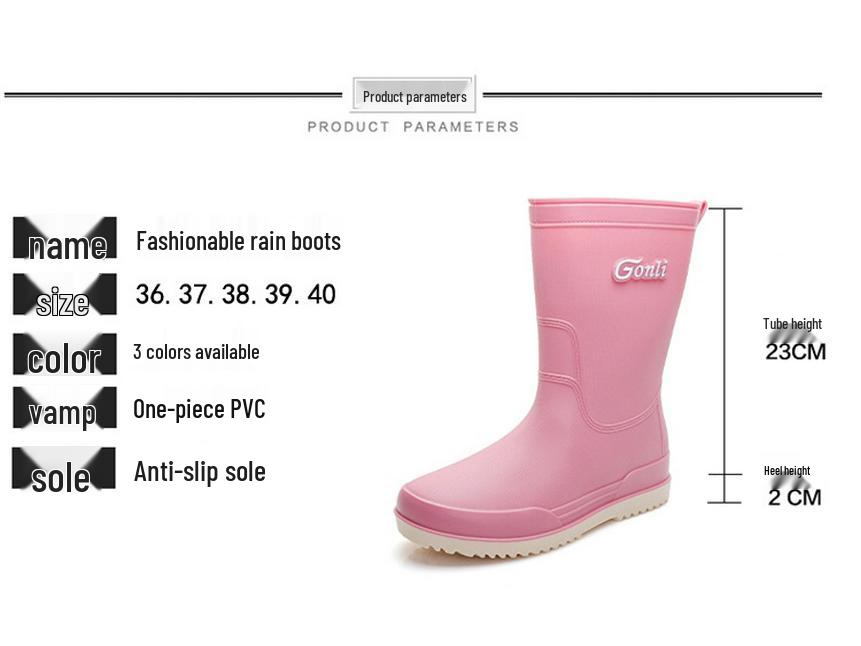 Women's Mid-Calf Fashion Waterproof Rain Boots, Thick-Soled Non-Slip, Wear-Resistant, Plus Velvet for Warmth