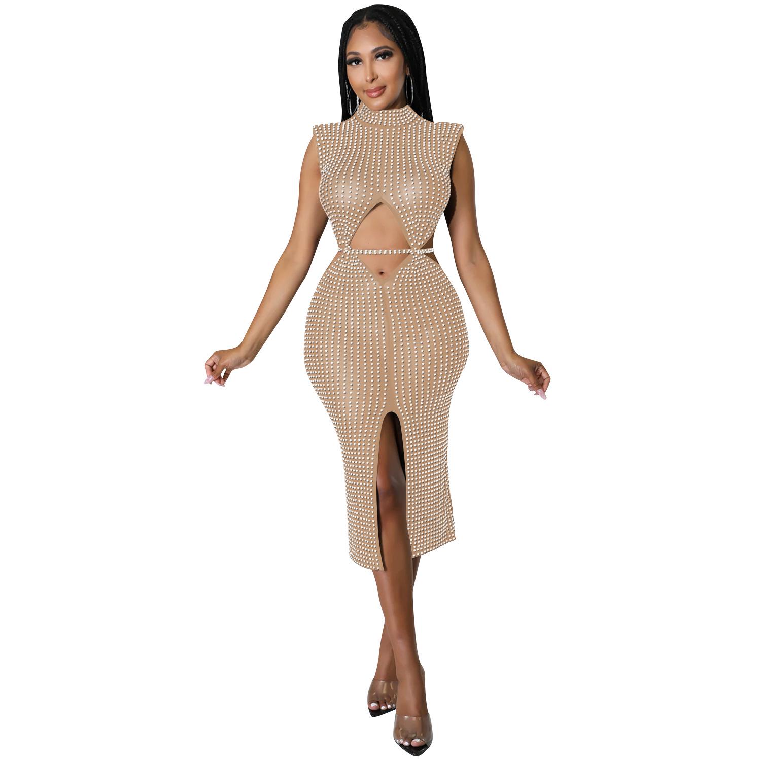 Damen Sexy Netz Durchsichtig Heißer Strass Hohl Schlitz Kleid C5796 S apricot