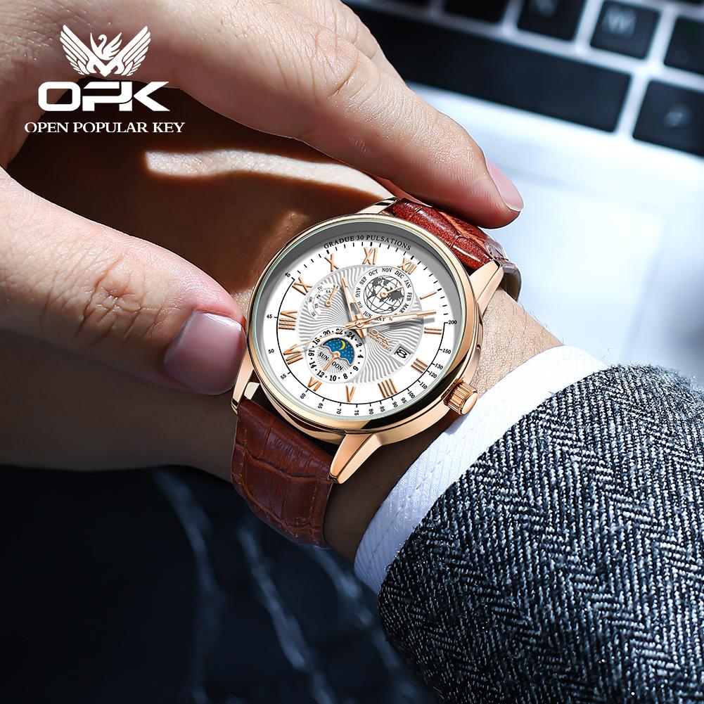 OPK 8153 Fashion Business Men's Quartz Wristwatch Luminous 24 Hour Moon Phase Leather Strap Waterproof Man Watch Luxury