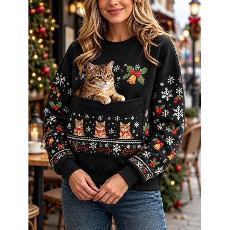 Christmas Cat Pocket Print Sweatshirt Retro Long Sleeve Top Holiday