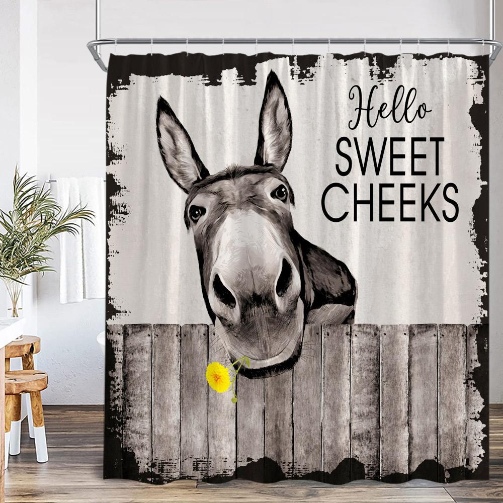 Farm Animal Print Shower Curtainh Funny Highland Cow Donkey Pig Horse Floral Vintage Wooden Plank Fence Retro Bathroom Curtain
