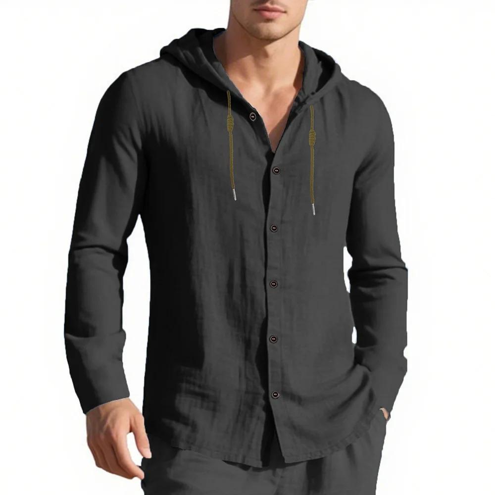 Pánská košile s kapucí, jednořadé zapínání, bavlna len, lehká, jaro léto, dlouhý rukáv, design se stahovací šňůrkou, dovolenkový styl, topy
