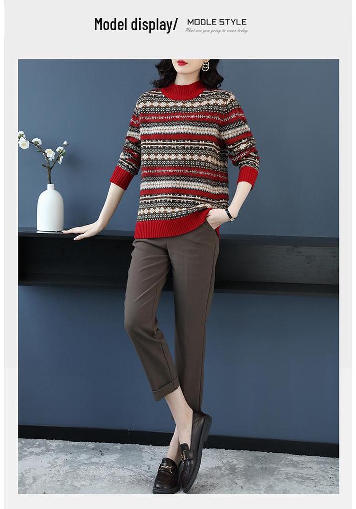 Women's Jacquard Pure Wool Sweater - Thickened Half-High Collar, Long Sleeve, Loose Knit - Autumn/Winter Fashion
