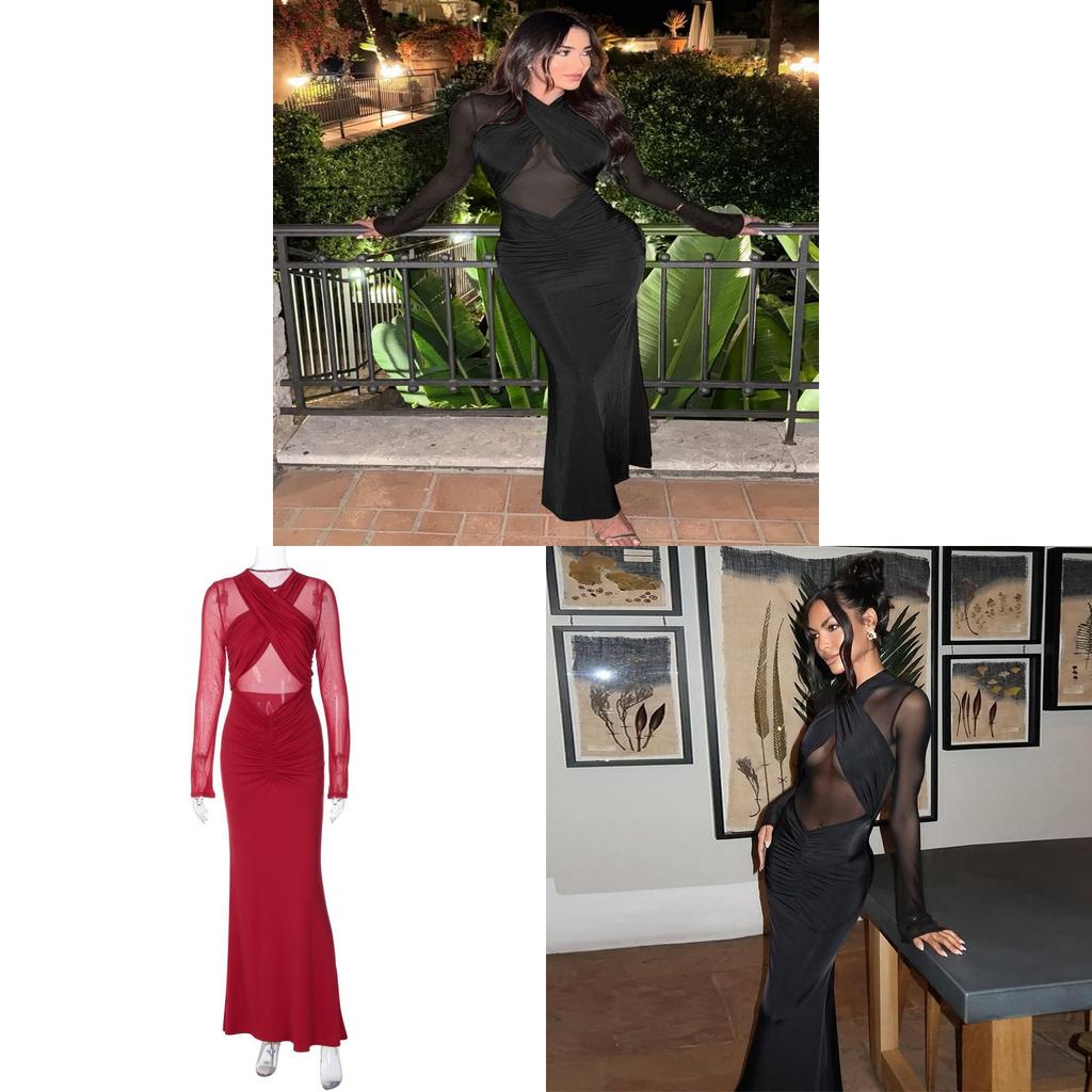 Long Sleeve Solid Color Sheer Mesh Bodycon Dress For Winter Party And Night Out