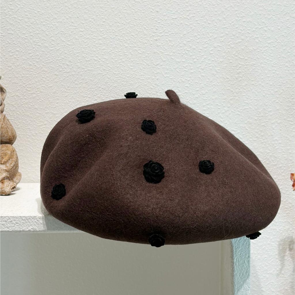French Style 3D Rose Decor Pure Wool Beret Women Autumn Spring Elegant Lady Fashion Warm Painter Hat