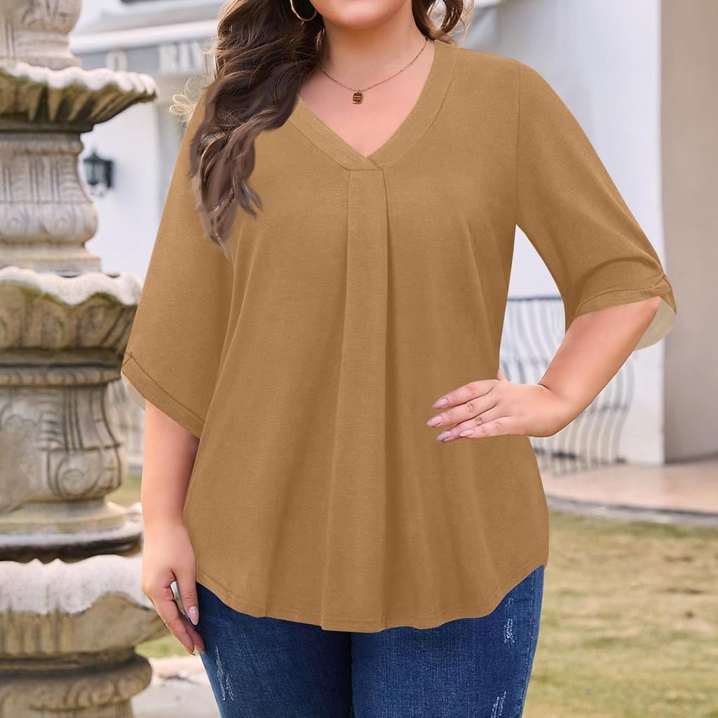 Women's Fashion Large Size Solid Color V-Neck Three-quarter Sleeve Top