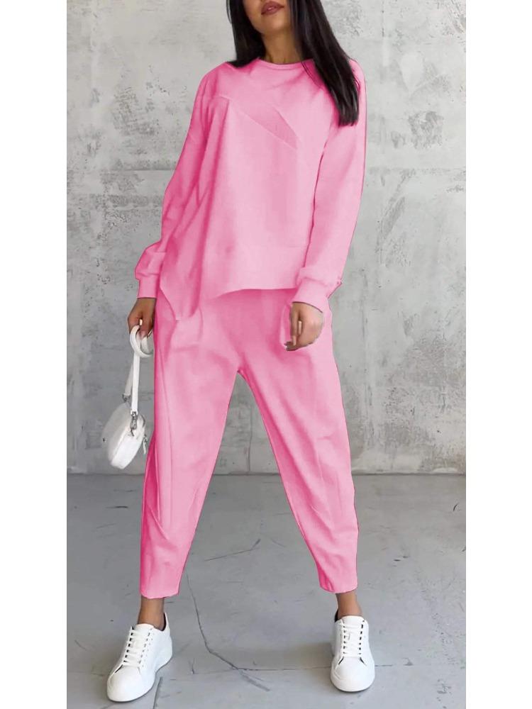 Women's Streetwear Comfortable Casual Workwear-Style Round-Neck Loose-Fit Asymmetrical Long-Sleeve Top and Trousers Set