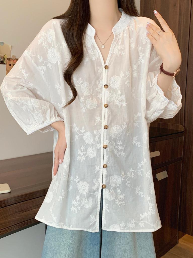 Damen Herbst Französisch Retro Bestickte Spitze Bluse - Große Größen Siebenärmel Schickes Oberteil (2025)