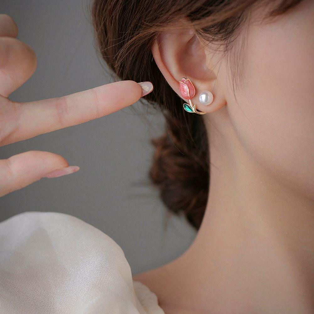 Classic Tulip Rhinestone Jewelry Korean Style Earrings Pearl Stud Earrings Women Zinc Zinc Alloy Earrings