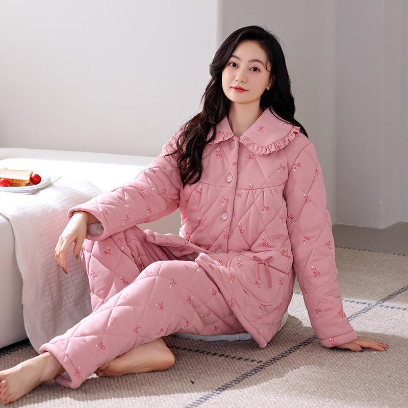 Pure Cotton Padded Pajamas Women'S Winter Three-Layer Thickened Velvet Autumn And Winter Warm Loungewear Set