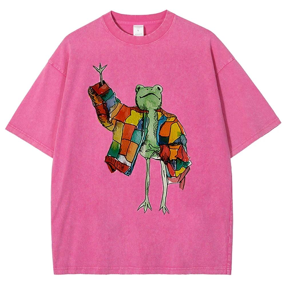 Cute Funny Style Cartoon Frog Print Ladies T-Shirt Loose Wash Oversized Short Sleeve Summer Fashion Cute Top Students