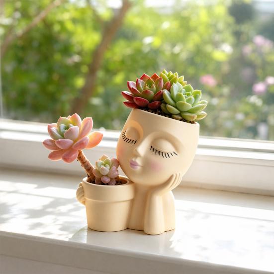 Creative Eyelash Doll Succulents Planter, Cute Sleeping Face Ceramic Pot with Double Holes, Kawaii Desktop Decor for Office Desk, Indoor Small Plant