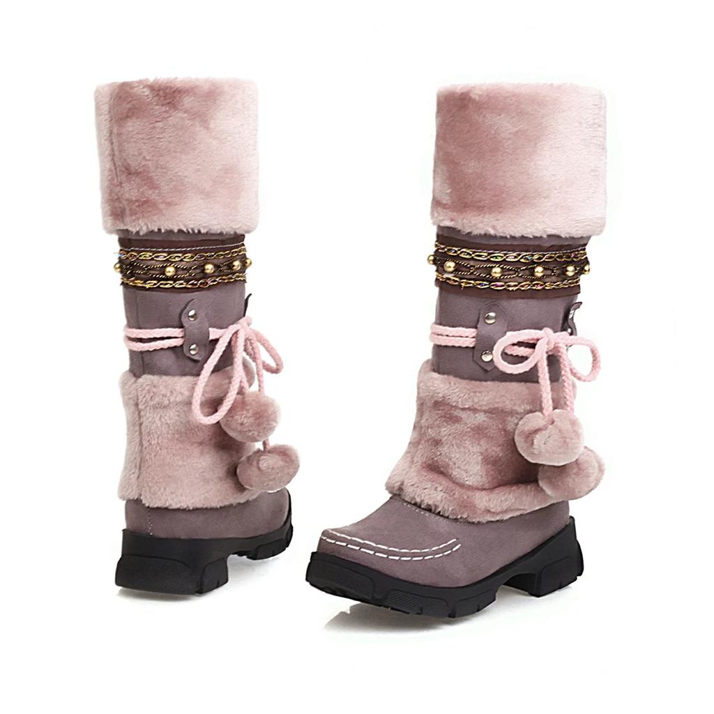 Winter Womens Thick Plush Snow Boots Fad Warm Mid Calf Women Platform Boots Retro Ethnic Stylish Fuzzy Ball Decor Chunky Booties