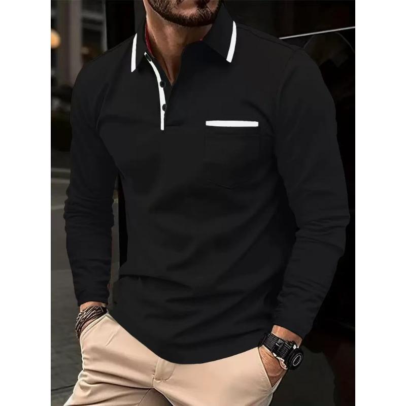 Men Casual Patchwork Pocket Solid Color Turn Down Collar Long Sleeve Plus Size Polo Shirt