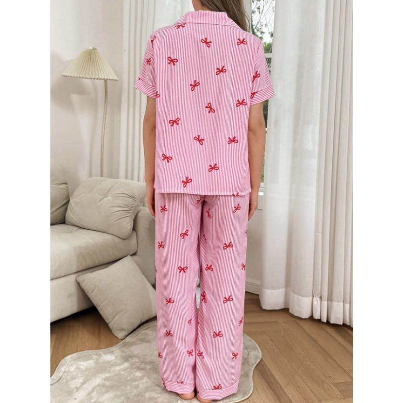Women Striped Bow Turn Down Collar Short Sleeve Long Pants Two Piece Pajama Loungewear Set