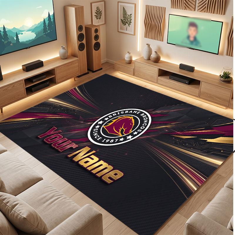 Brisbane Broncos Personalisierter Kristall-Samt-Teppich, Benutzerdefinierter Name Text Weicher Anti-Rutsch-Teppich für Wohnzimmer Schlafzimmer