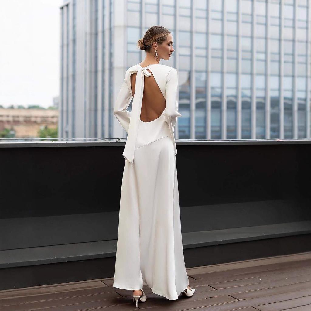 Abito da sera da donna autunno 2025 senza schiena a vita alta con spacco e design allacciato