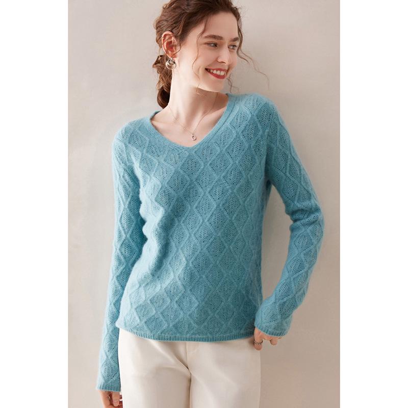 Women’s Heavy Knit Wool V-Neck Sweater – Long Sleeve, Loose Fit, Cashmere Blend, Age-Defying Style