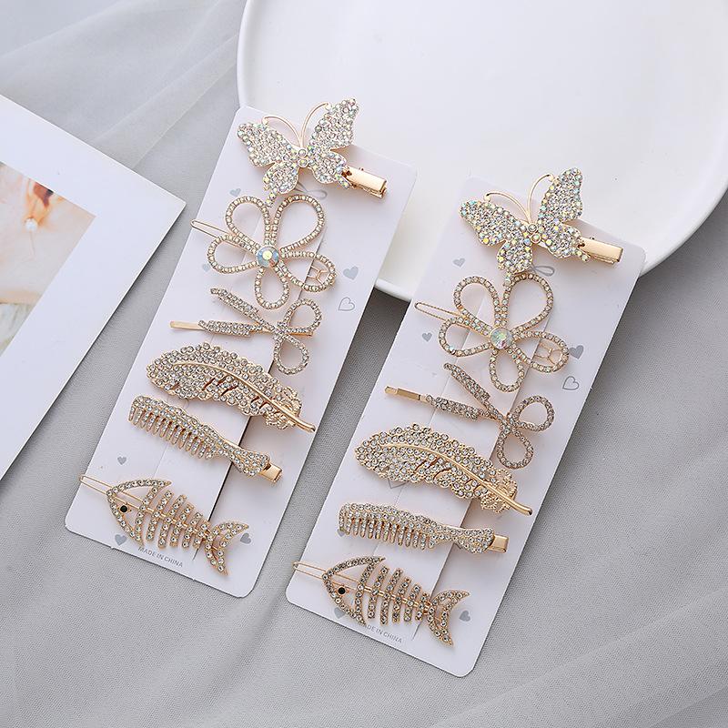 Exquisite and High Grade Crystal Rhinestone Hair Clip Canonical Butterfly Hair Clip Women S 6-Piece Set Feather Hair Clip