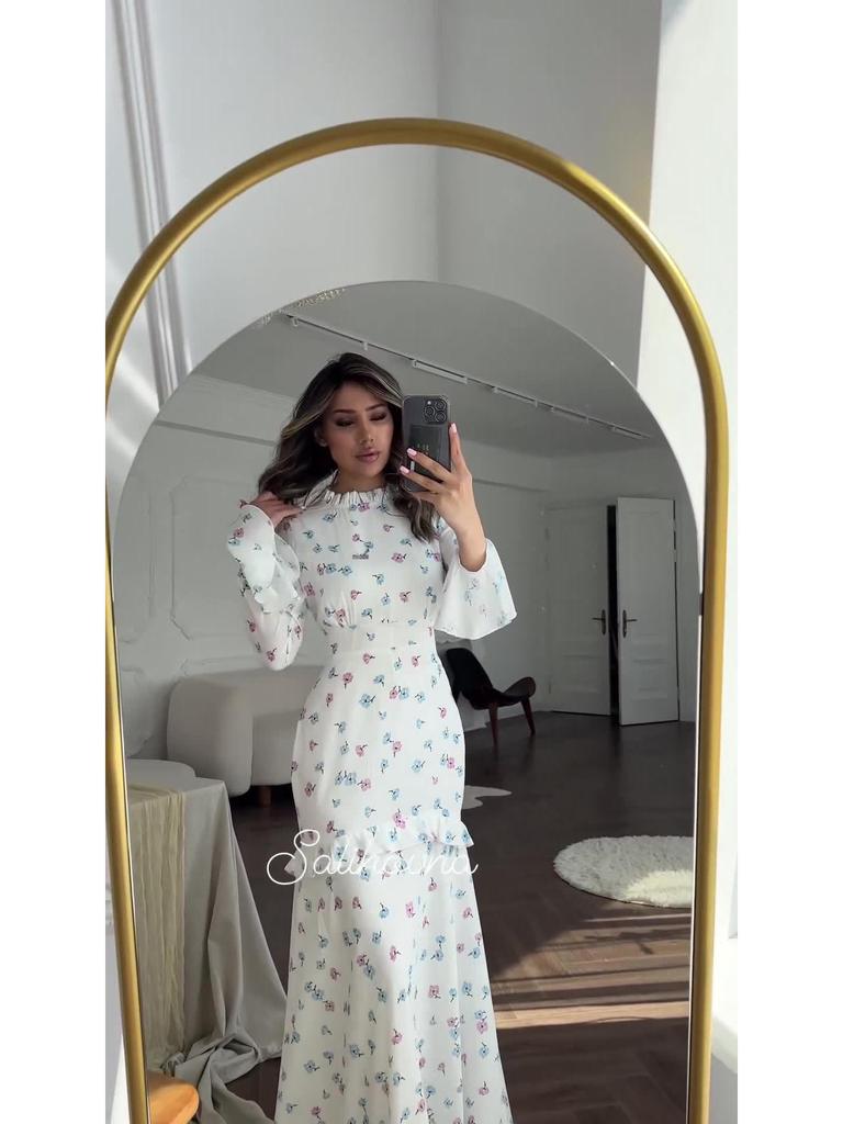 European & American Floral Ruffle Long Dress - Gentle Style, Fresh Spring White, 2024 Collection