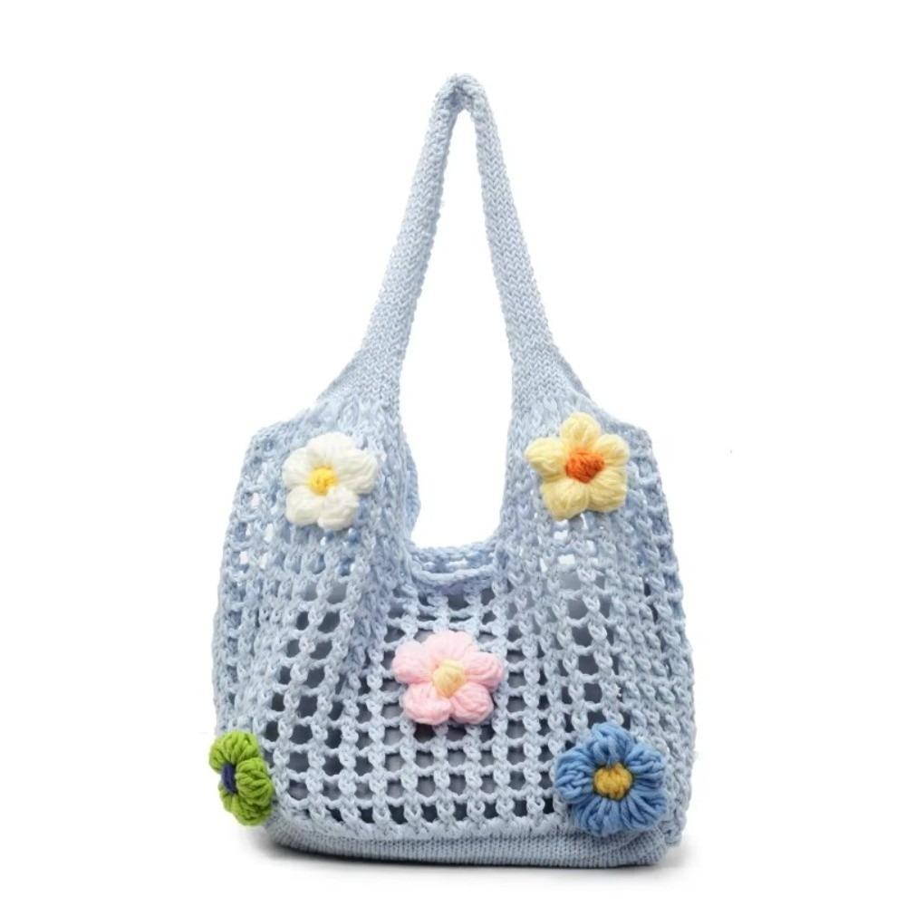 Simple Multicolor Flower Woven Bag Hollow Bohemian Style Knitting Tote Bag Large Capacity Handbag Hollow Shoulder Bag Seaside