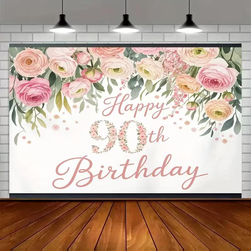 2D Elegant 90th Birthday Backdrop with Blush Pink Flowers & Greenery