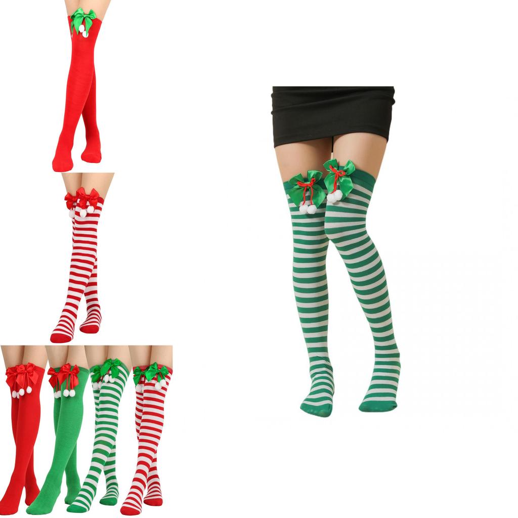 Striking Red-green Stripe Christmas Knee Socks For Women Kids