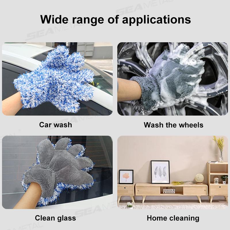 SEAMETAL Microfiber Car Wash Gloves Plush Car Washing Mitt 5-Finger Double-sided High Water Absorption Cleaning Glove