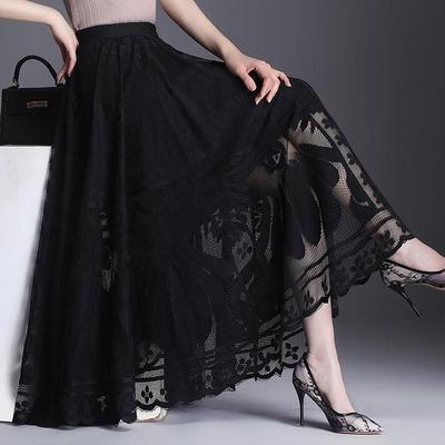 Spring and Summer Women's Lace Skirt A-line Long Skirt Big Hem Gauze Hollow Pleated Skirt