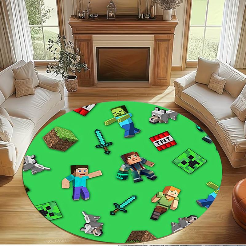 Minecraft Print Round Rug, Washable Floor Carpet, For Entryway Dorm Laundry Room Office Study, Home Decor Birthday Christmas Gift