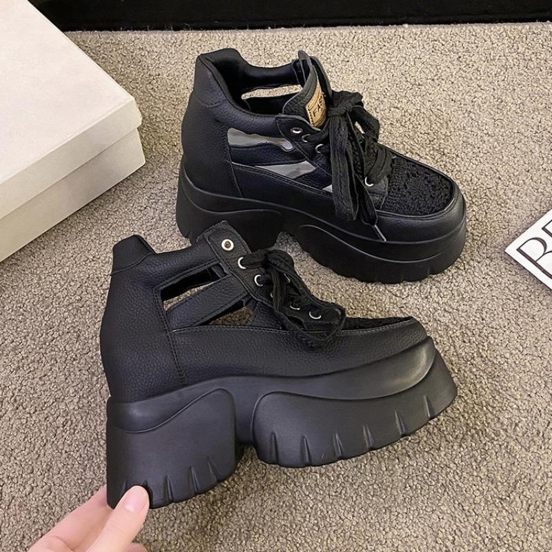 Fashion Autumn New Coarse Heel Shoes Women's Round Head Splicing Hollow Breathable Front Lacing Thick Sole Anti-slip Low-top Shoes