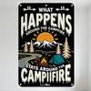 Vintage Metal Tin Sign What Happens Around The Campfire Stays There Decorative Plaque with Mountain Campfire Sun Trees Design Fo