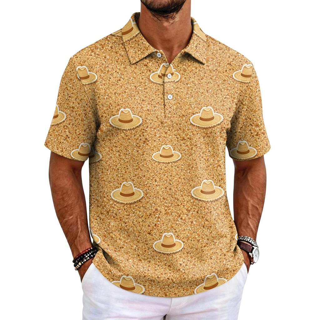Men's Hawaiian Style Short Sleeve Polo Shirt Loose Fit Casual Top with and Geometric Print for Everyday Wear