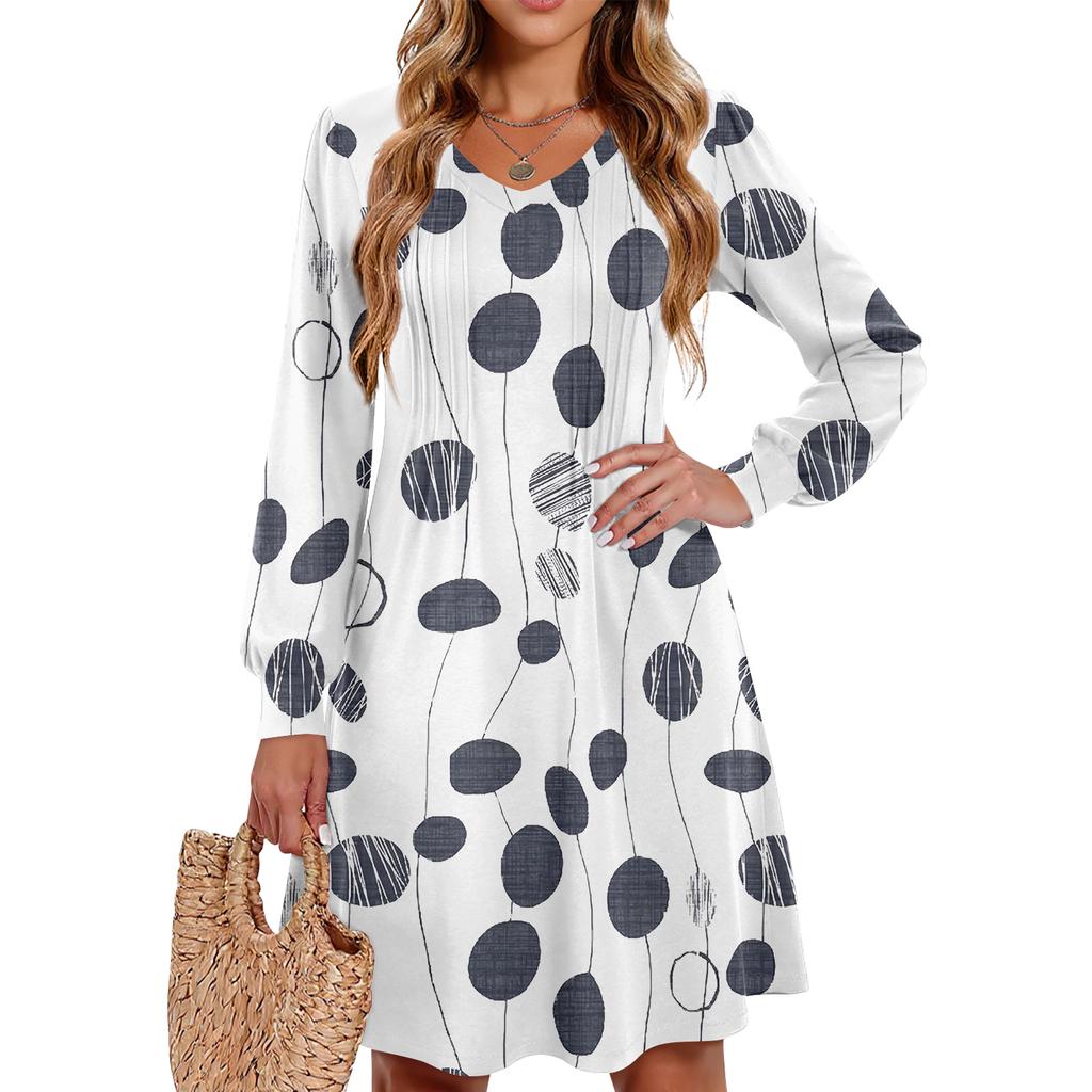 Ladies' Printed Casual And Fashionable V-neck Long Sleeved Mid Length Dress