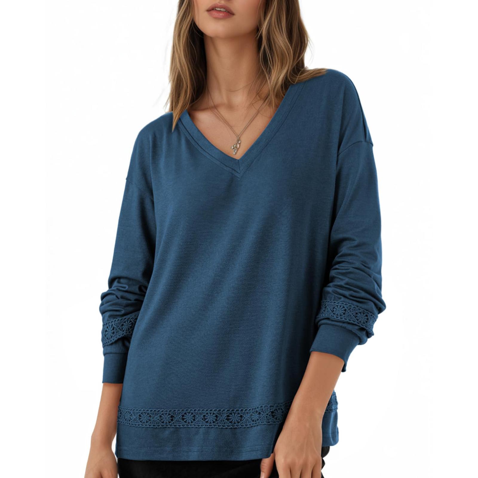 

Women s Fashion Patchwork Loose V-neck Long Sleeved Knitted Sweater Casual Hollow Top XL тёмно-синий