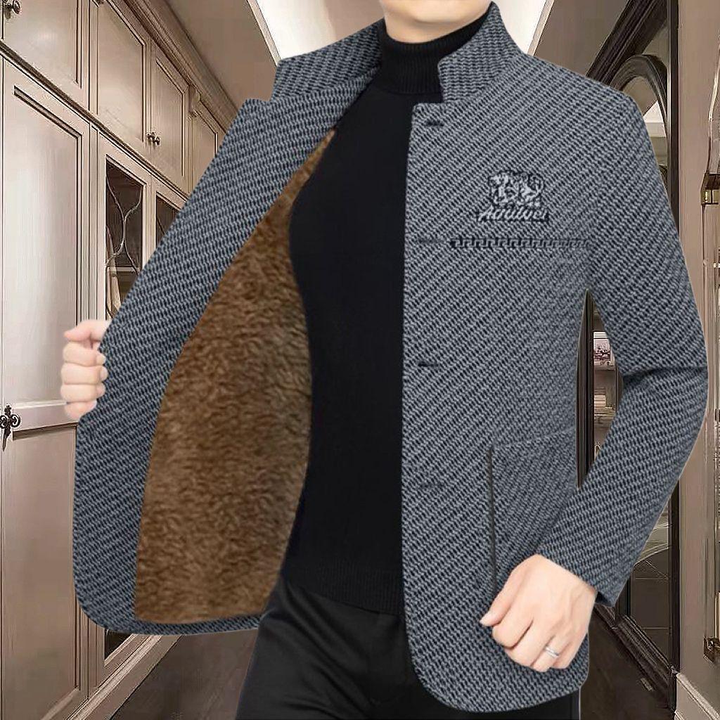 Men's Mid-aged Stand Collar Plush Woolen Jacket - Thickened, Casual, Versatile Coat