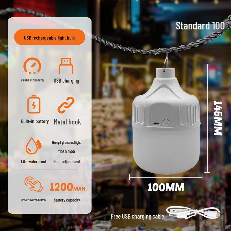 LED Emergency Light Bulb - Outdoor USB Rechargeable for Camping, Street Stalls, and Night Markets