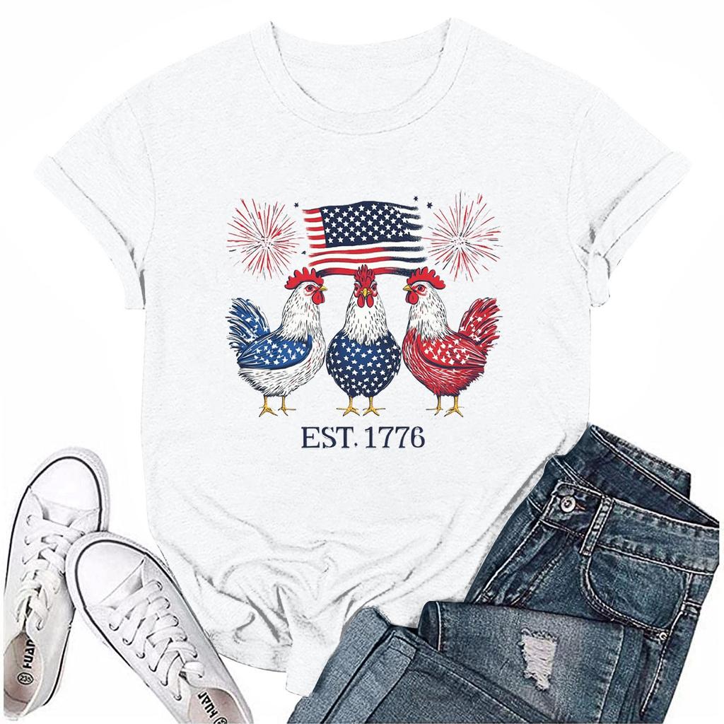 Camiseta feminina casual com estampa do Dia da Independência e gola redonda, manga curta